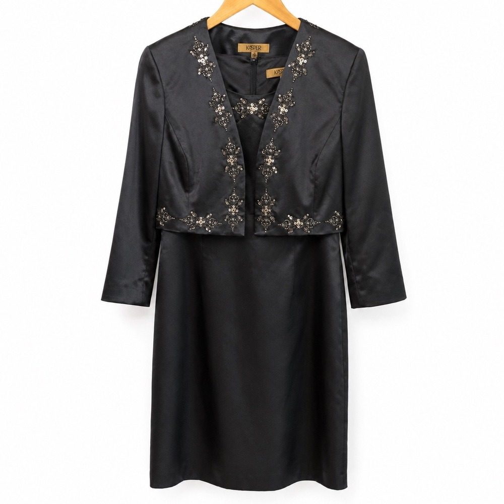 Kasper Womens 10 Beaded Satin Dress Jacket Set Charcoal Grey Formal Evening 2pc